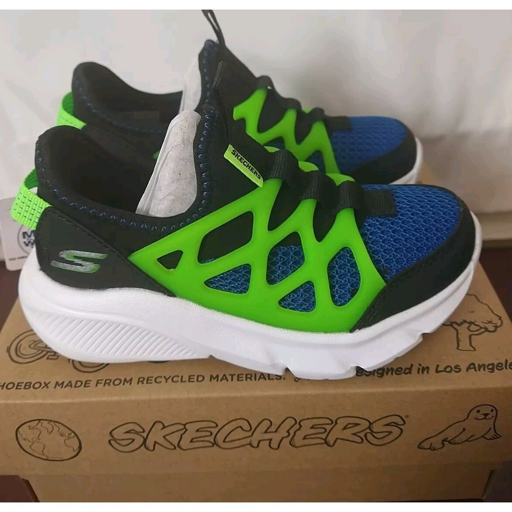 Skechers Boys Black Green Slip On Washable Skech Faster Sneakers Shoes 13